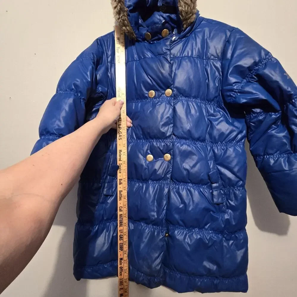Hanna Andersson Down Long‎ Hooded Coat Girls Sz 140 9-10 Blue Fauz Fur Edge Warm